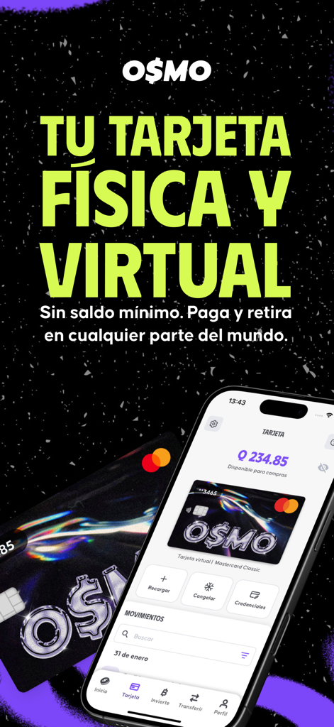 Osmo Money - Osmo Money mobile app interface showing physical and virtual card options with no minimum balance for international payments.