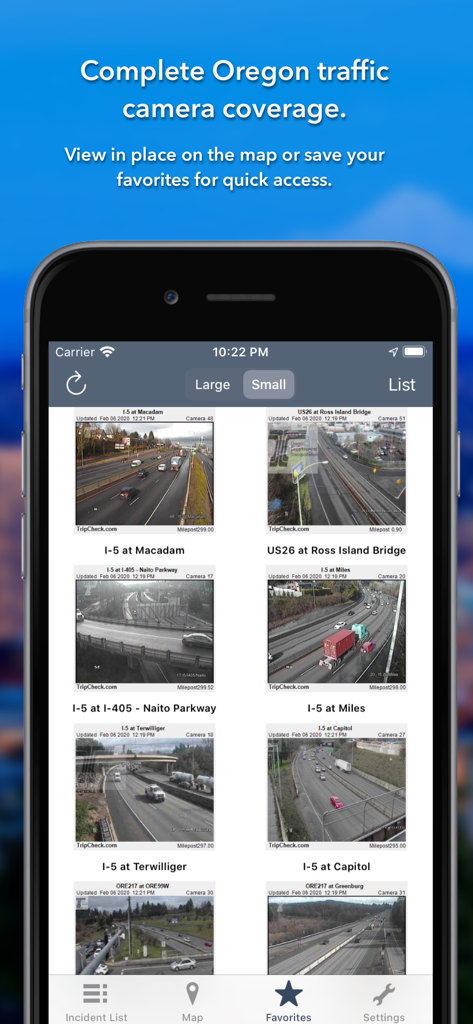 Oregon Roads Traffic app favorites screen showing multiple live traffic camera feeds