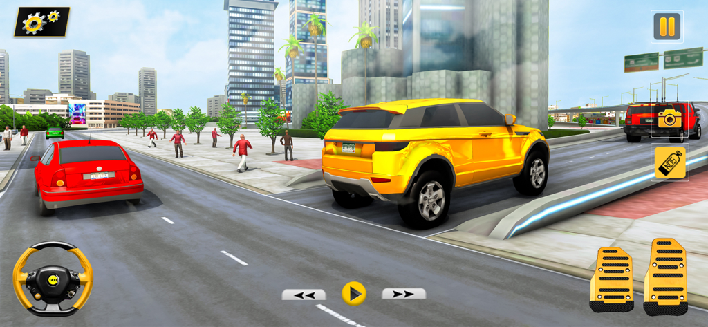 Grand City Taxi Driving Games - Un taxi amarillo conduciendo por una calle urbana 3D en la aplicación Grand City Taxi Driving Games.