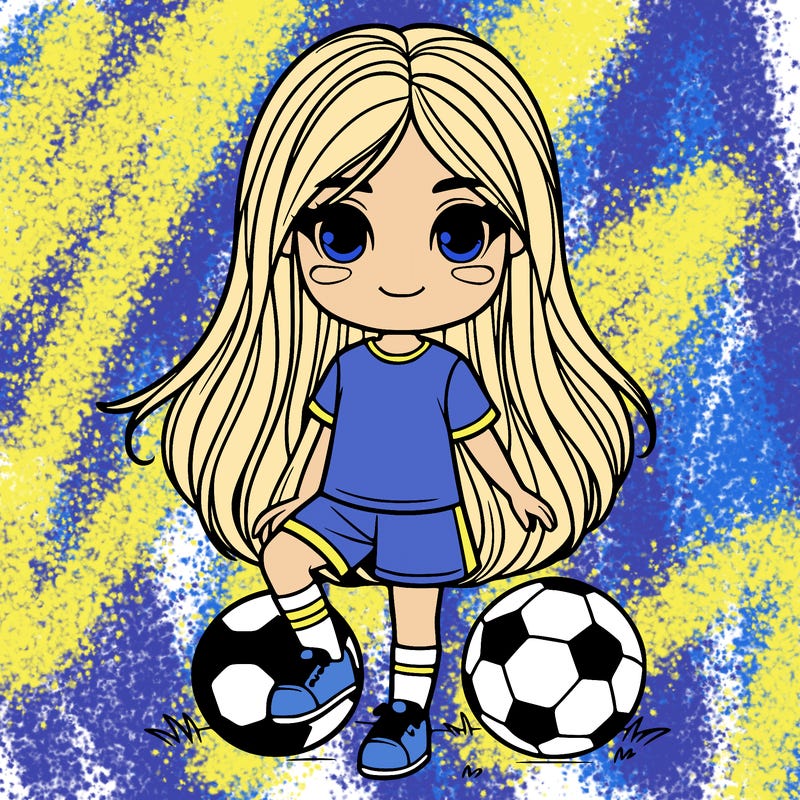 a girl in the middle that has long hair and soccer clothes and a soccer ball