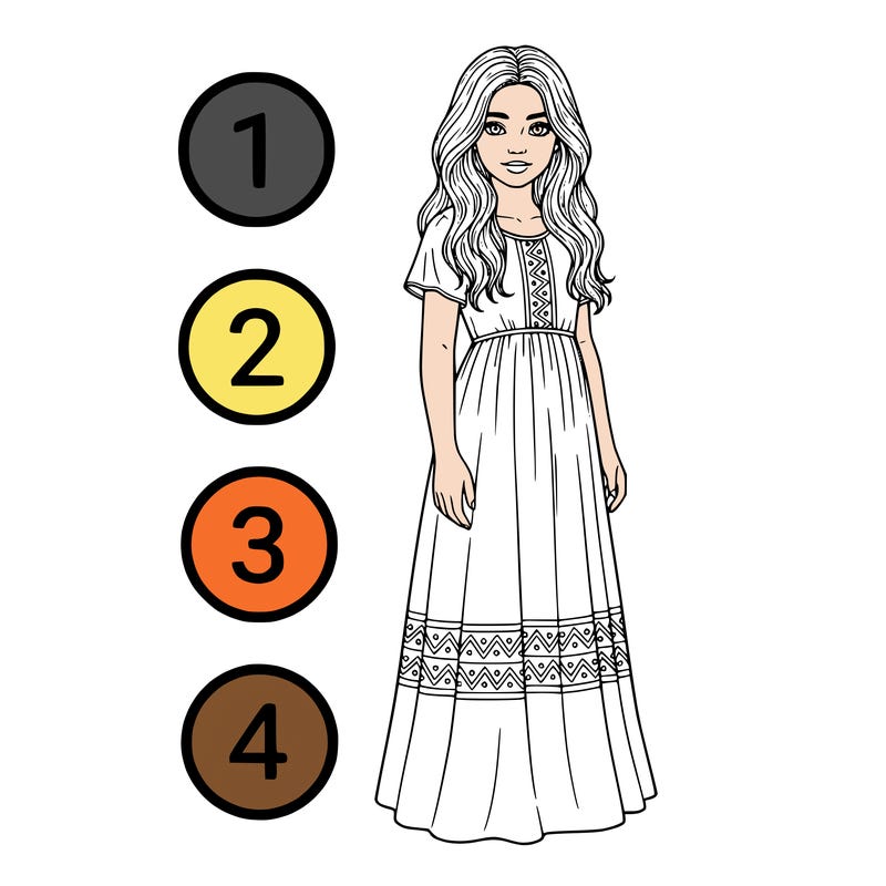 a girl with a bunch of circles on the side of the drawing next to her with numbers 1 2 3 and 4 and no background tall realistic girl