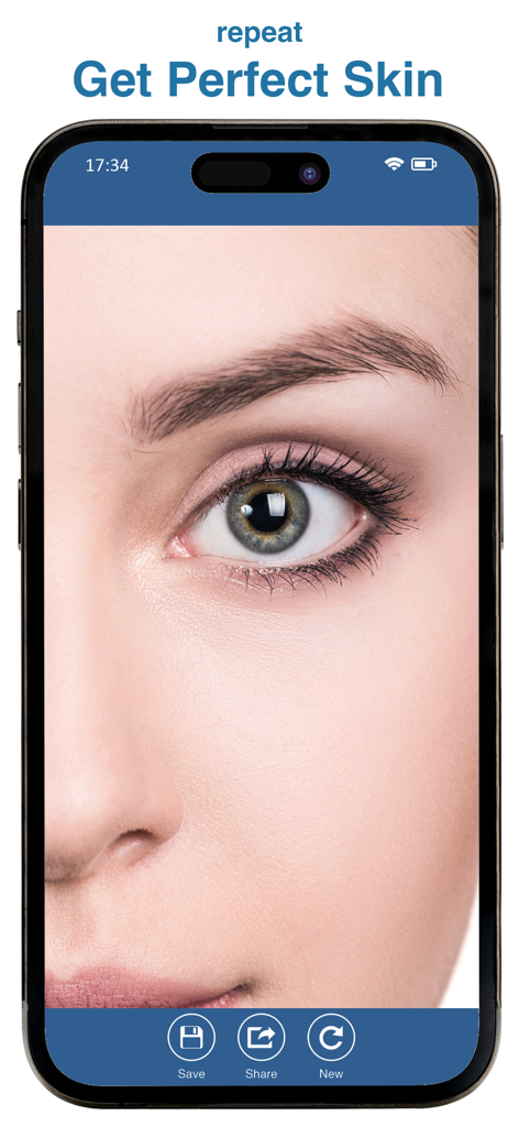 Blemish Remover Photo Tool - Primer plano de un rostro con piel limpia en la interfaz de la aplicación para Eliminar Imperfecciones