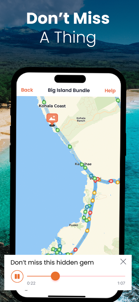 Big Island Hawaii Gypsy Guide - Interfaccia della mappa mobile della Big Island Hawaii Gypsy Guide che mostra un percorso di guida costiero e un lettore audio per scoprire gemme nascoste