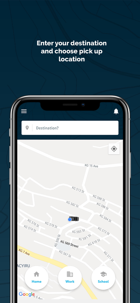 Screenshot of the Move by Volkswagen app interface showing a map for selecting destinations and pick up locations with shortcut buttons for home work and school