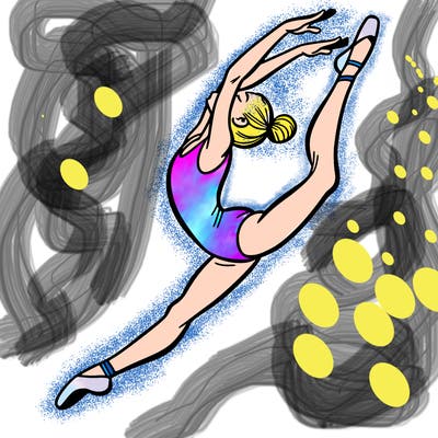 gymnast doing a leap in a leotard with a bent back leg