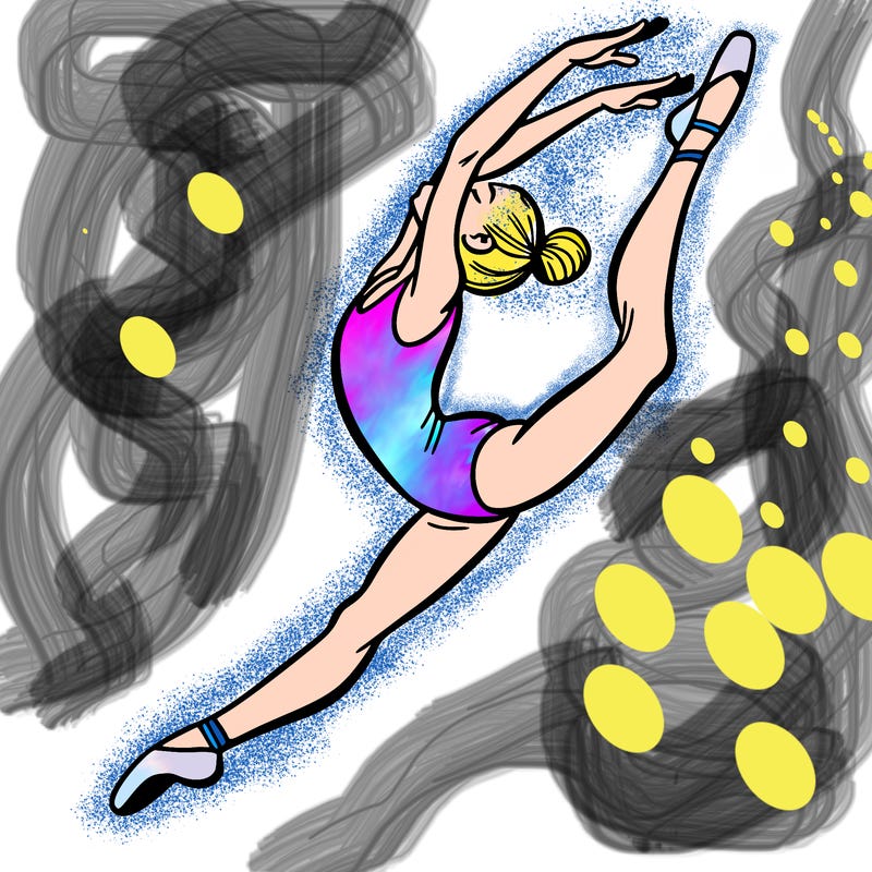 gymnast doing a leap in a leotard with a bent back leg