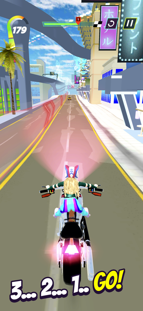 Wild Wheels: Bike Race - Una motocicleta en la línea de salida de una pista de carreras urbana en Wild Wheels Bike Race con una cuenta atrás de 3 2 1 ¡YA!