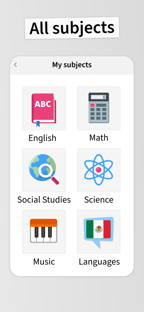 A menu interface in the ANTON app showing icons for different school subjects including English, Math, Social Studies, Science, Music, and Languages.