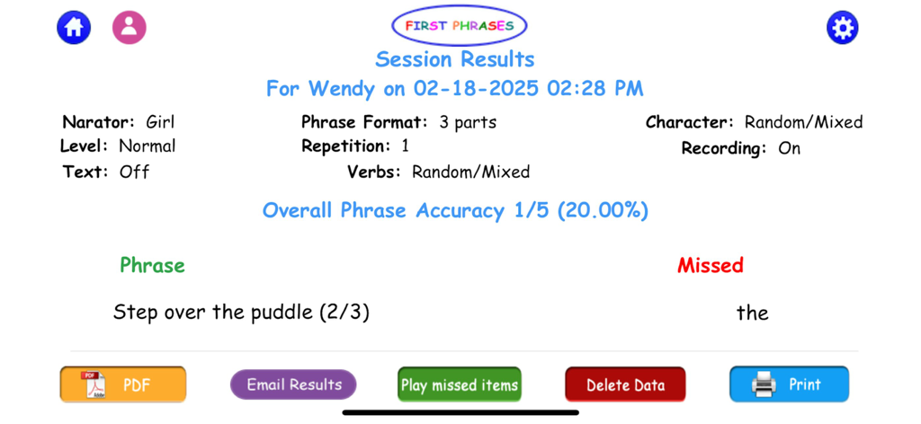 First Phrases HD - First Phrases HD session results screen showing phrase accuracy data and speech therapy settings