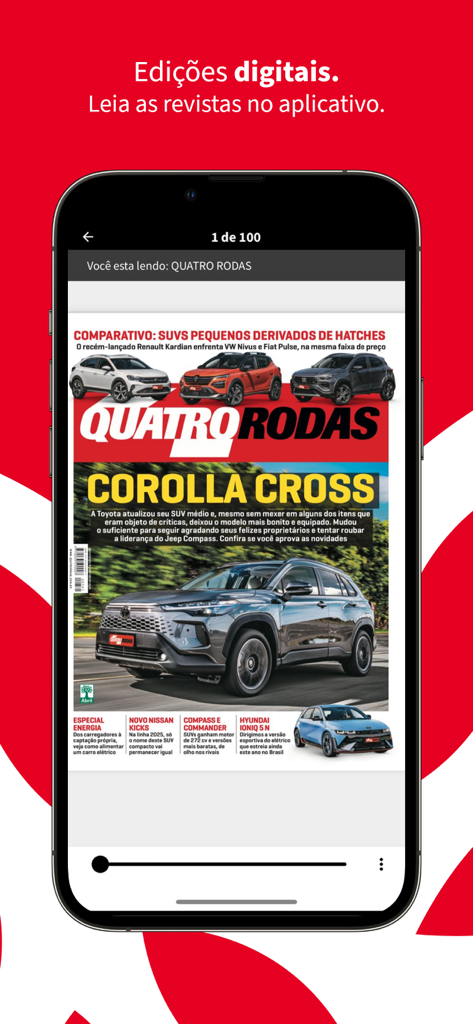 Quatro Rodas - Tela de smartphone exibindo a capa da revista automotiva digital Quatro Rodas