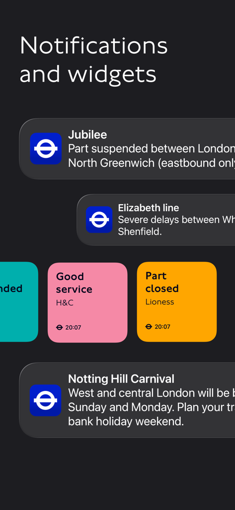 TfL Go: Plan, Pay, Travel - TfL Go app screen showing live London transport notifications and status widgets for different tube lines