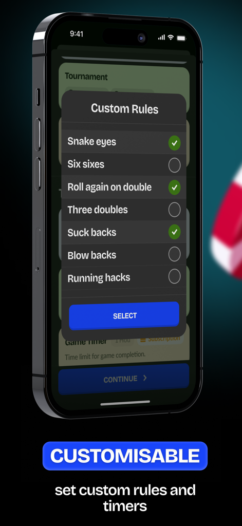 Uma tela de smartphone exibindo o menu de seleção de regras personalizadas para o aplicativo do jogo de tabuleiro Uckers.