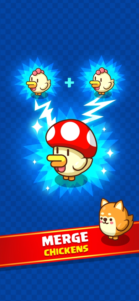 Merge Chicken - Idle Tycoon - Two small chickens merging to evolve into a larger chicken with a mushroom hat.