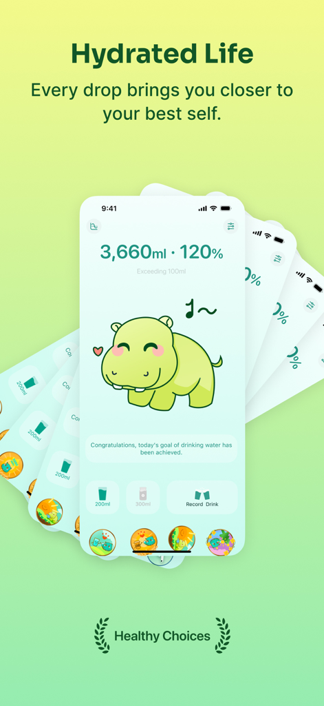 Water Alarm - Daily Reminder - Mobile app screenshot of Water Alarm showing a green hippo companion and a daily water goal completion message.