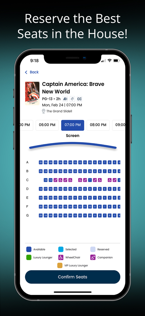 Santikos mobile app interface for selecting and reserving movie theater seats for Captain America.