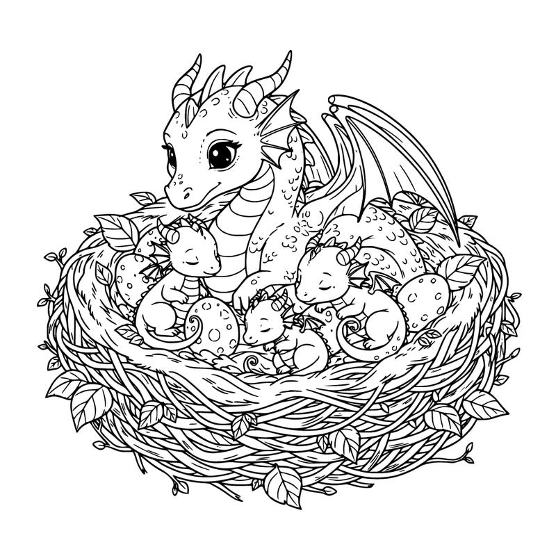 cute babies and mom dragon in nest