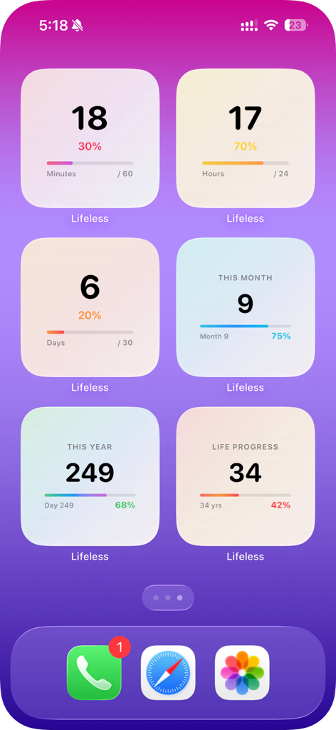 Life Countdown - Days Left - Pantalla de inicio de iPhone que muestra seis widgets minimalistas que muestran el progreso de la cuenta regresiva para minutos, horas, días, meses, años y esperanza de vida