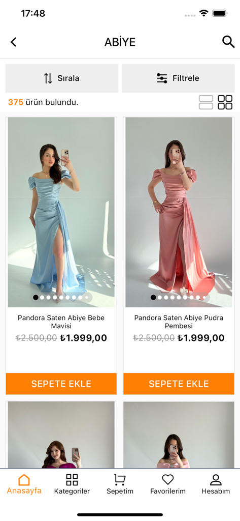 A mobile app screen for Ayşenur Dinçer Butik displaying a catalog of satin evening dresses in blue and pink with pricing and add to cart buttons.