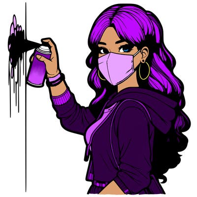 realistic girl with mask spray painting a wall