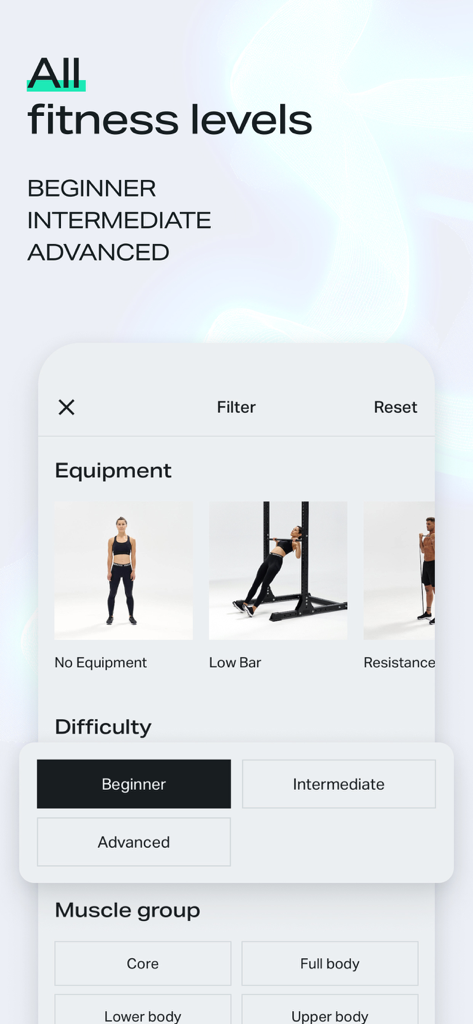 Freeletics app interface showing workout filter options for equipment difficulty and muscle groups