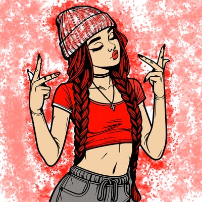 realistic teenage girl with braids and a beanie and crop top doing 🫶🏼