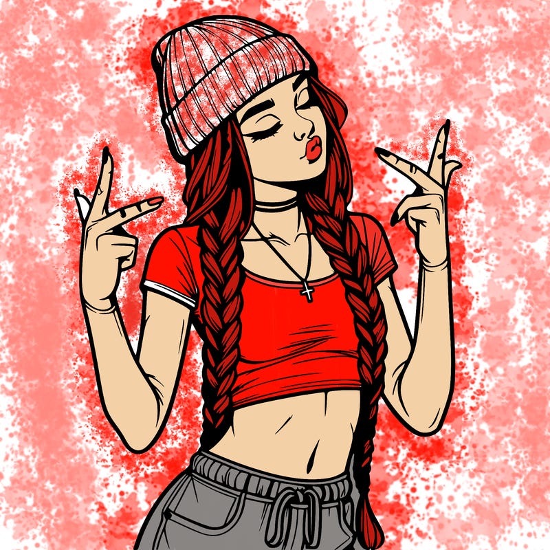 realistic teenage girl with braids and a beanie and crop top doing 🫶🏼
