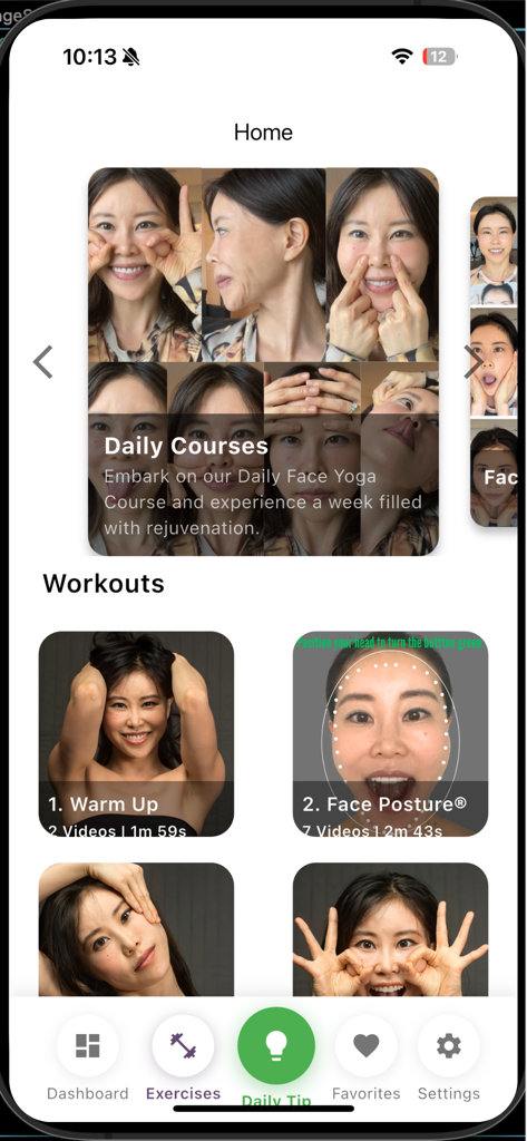 Koko Face Yoga - Home screen of Koko Face Yoga app showing daily courses and workout categories.