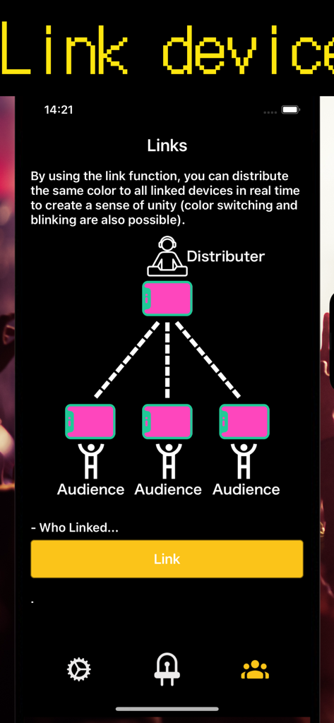 Diagram showing the link function to synchronize screen colors across multiple phones for concerts