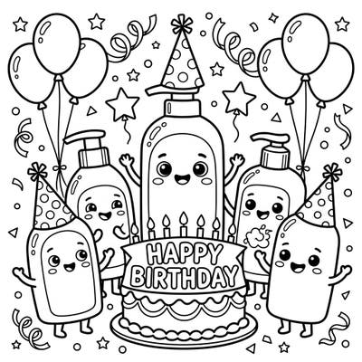 Join a bubbly celebration with our cute shampoo bottle characters throwing a fantastic birthday party! This engaging coloring page is perfect for young artists to bring festive cheer to life.