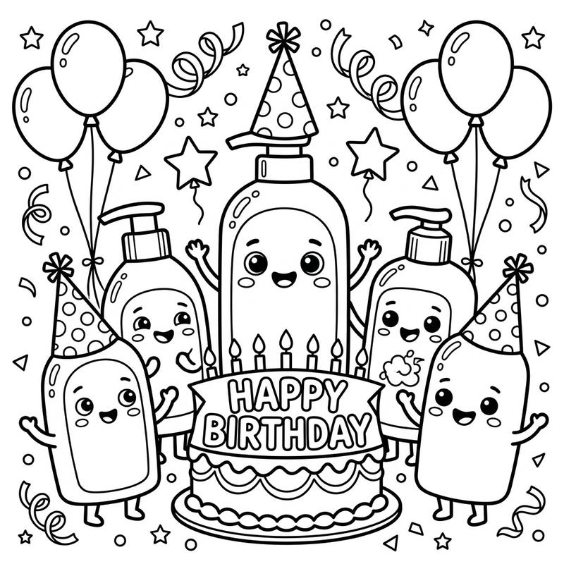 Join a bubbly celebration with our cute shampoo bottle characters throwing a fantastic birthday party! This engaging coloring page is perfect for young artists to bring festive cheer to life.