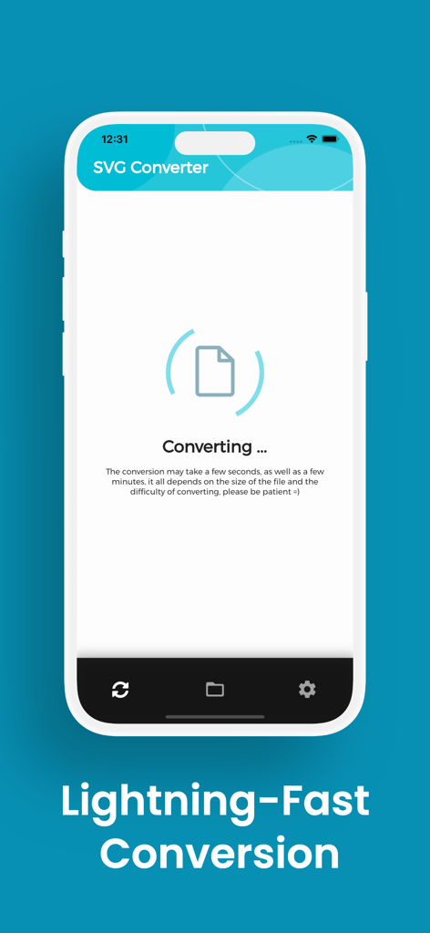 SVG Converter, SVG to PNG - Interface do aplicativo móvel Conversor de SVG mostrando uma tela de conversão de arquivo ultrarrápida no iPhone.