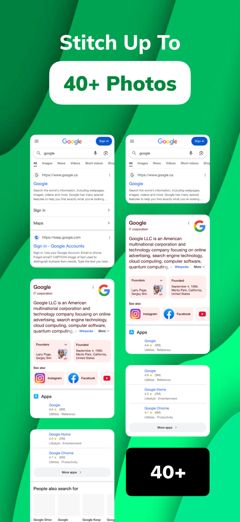 Photo Stitch! - A graphic showing multiple mobile screenshots being merged into one with text saying Stitch Up To 40 Plus Photos