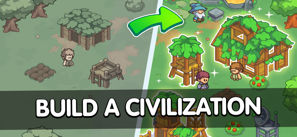 Stone Age Survival: Craft game - Una comparación de antes y después de un asentamiento primitivo que evoluciona hacia una próspera civilización de la Edad de Piedra con edificios mejorados.