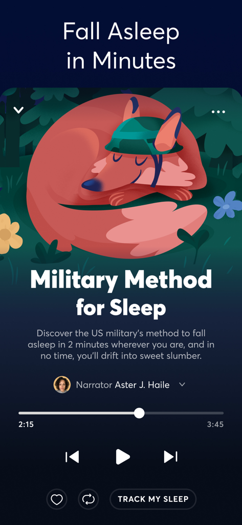BetterSleep app screen showcasing the Military Method for Sleep with an illustration of a fox wearing a helmet.