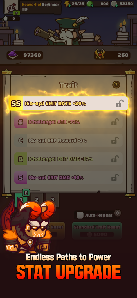 Coop TD - Coop TD-Spieloberfläche zum Aufrüsten von Charaktermerkmalen und -statistiken