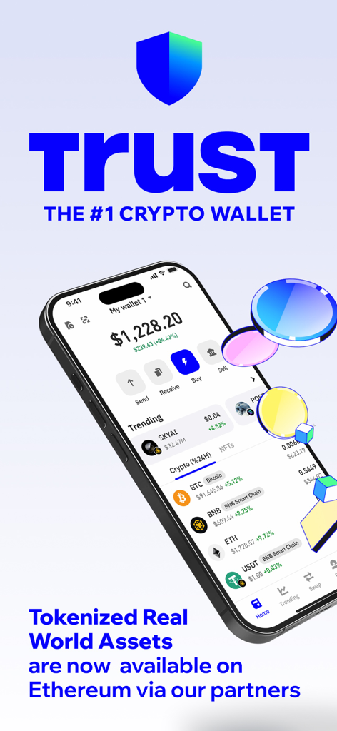 Trust: Crypto & Bitcoin Wallet - Interface do aplicativo Trust Wallet mostrando o saldo de criptomoedas e um anúncio de ativos do mundo real tokenizados no Ethereum