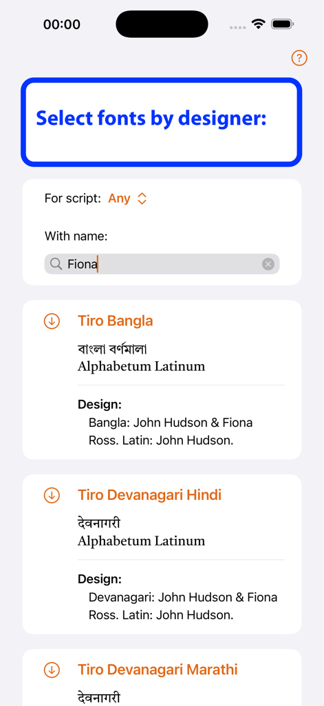 Font Orchard - Font Orchard app interface showing search results for fonts by designer with multilingual script previews.