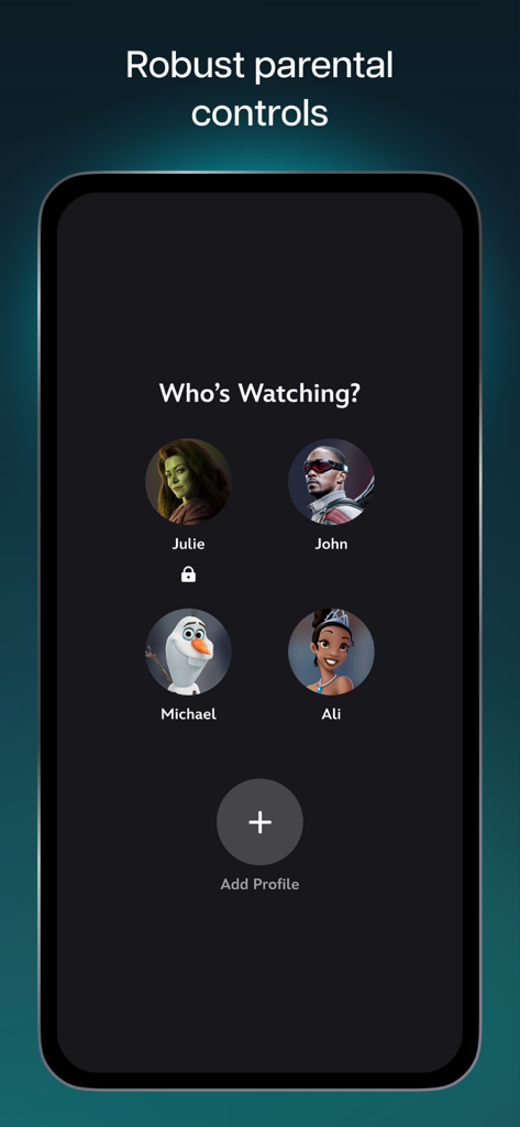 Disney+ - Schermata di selezione del profilo Disney Plus con robusti controlli parentali e account utente multipli