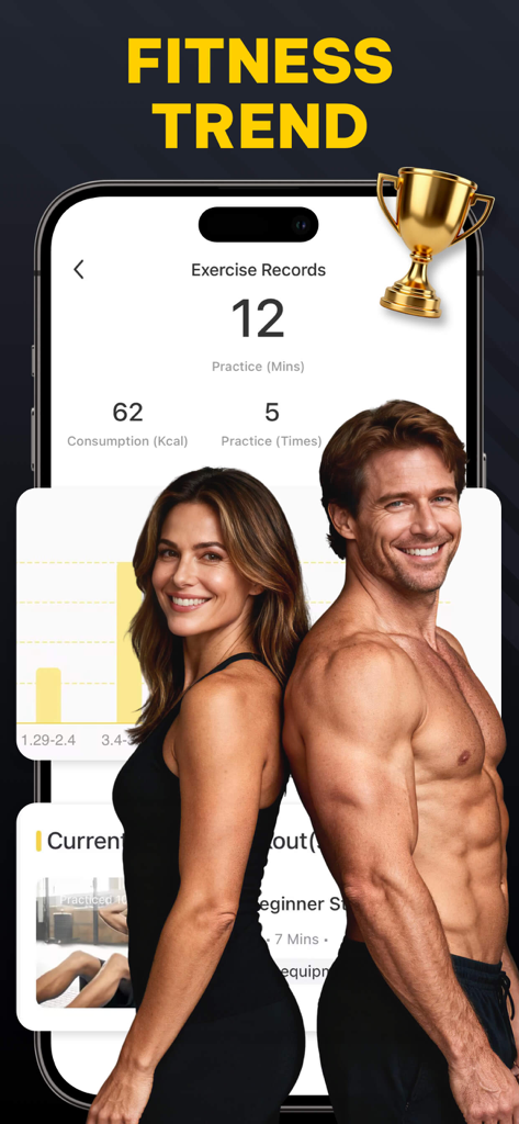Muscle Monster Workout Planner - Muscle Monster app showing exercise records and fitness trends with a fit man and woman