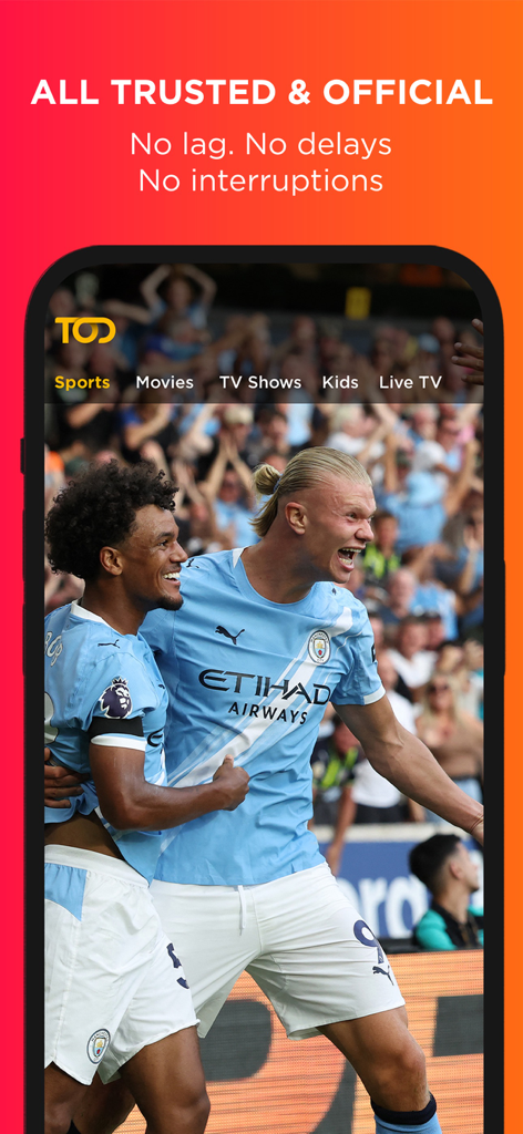 TOD mobile app interface showing a live football match stream with players celebrating.