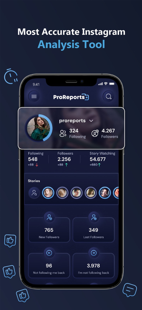 ProReports+ Unfollowers IG - ProReports plus app dashboard showing Instagram follower metrics and account insights