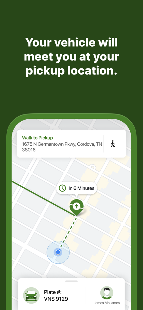 Ready By MATA app interface showing a map with vehicle pickup location and driver details