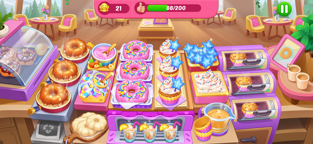 Gameplay screen of Cooking Diner-Chef Game showing a vibrant bakery with pink donuts and decorated cupcakes