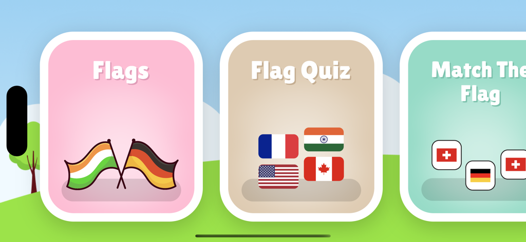 World Countries Flags - Learn - Tela principal do menu mostrando modos de jogo incluindo Quiz de Bandeiras e jogo de memória Combine as Bandeiras