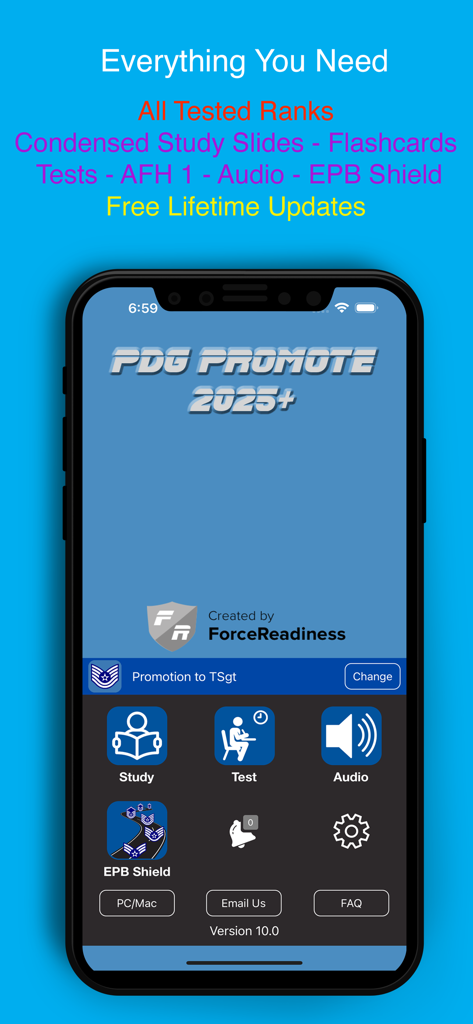 The main home screen of the PDG PROmote 2025 plus app showing study test and audio features for Air Force promotion preparation