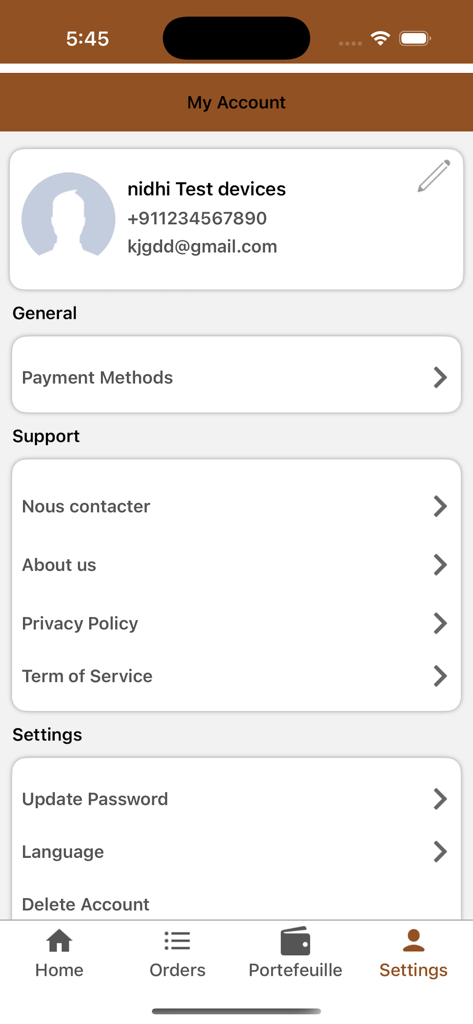 Panda User - Schermata delle impostazioni del mio account dell'app Panda User che mostra i dettagli del profilo e le opzioni di supporto
