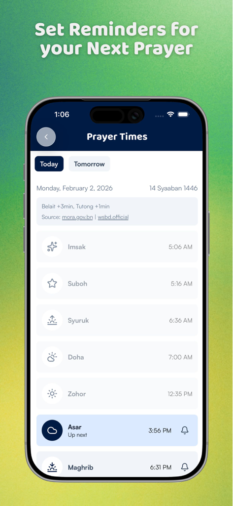 Pantalla móvil que muestra los horarios de oración y recordatorios para los distritos de Brunéi en la aplicación Yibi