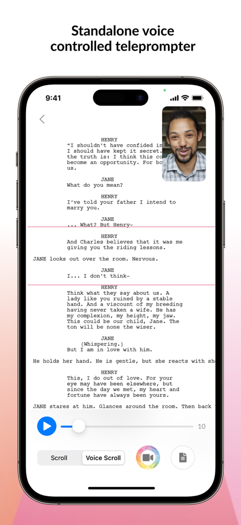 Smartphone screen showing the WeAudition app teleprompter feature with an acting script and a live video partner.