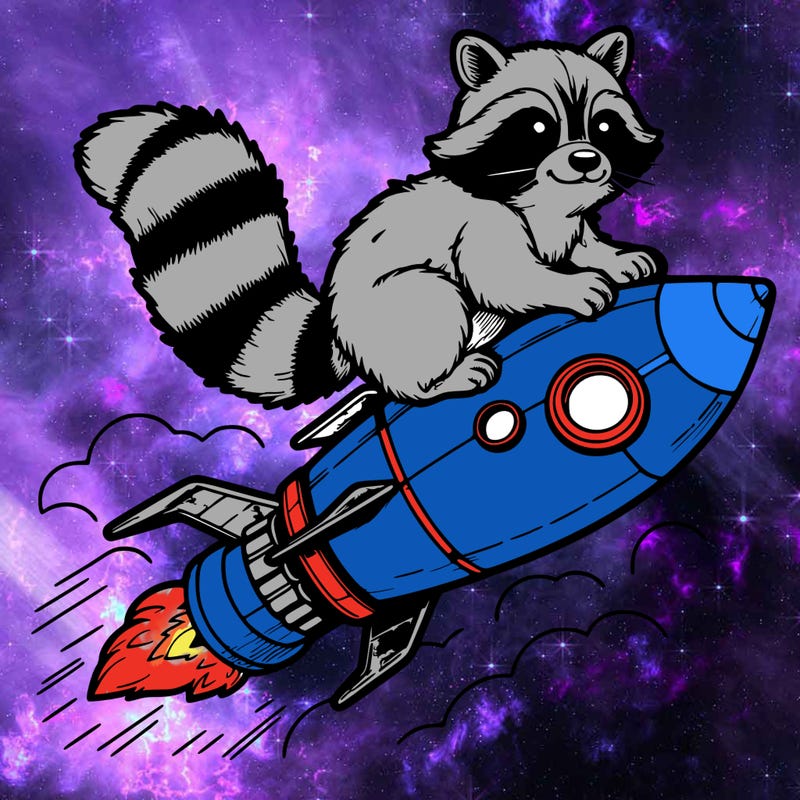 realistic raccoon flying on top rocket ship
