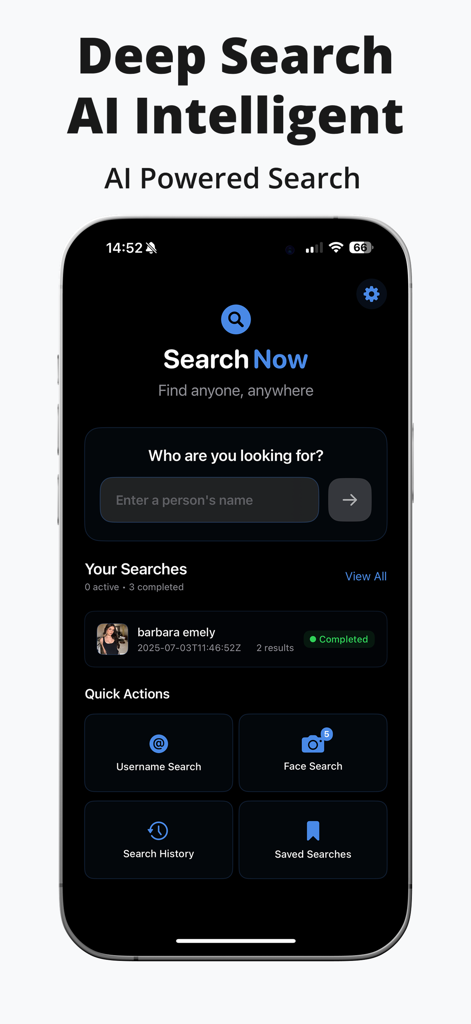Tableau de bord de l'application Deepsearch AI montrant la barre de recherche de personnes et les options de recherche alimentées par l'IA